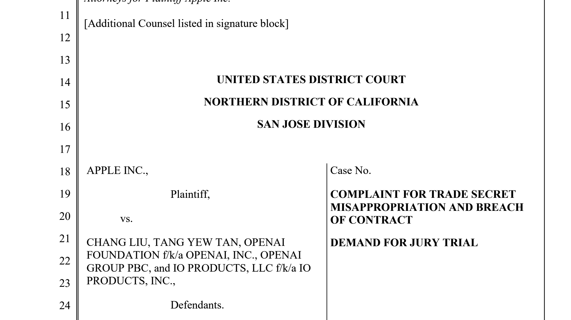 Фрагмент первой страницы иска Apple о присвоении коммерческой тайны