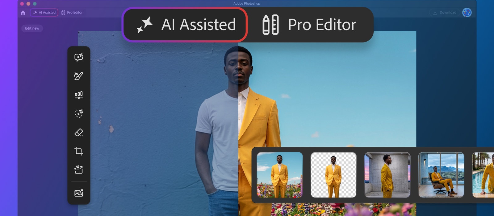 Интерфейс переключения между AI Assisted и Pro Editor в Photoshop